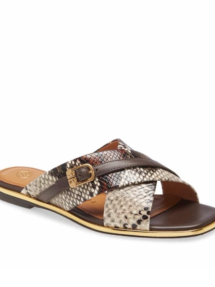 Tory Burch Delaney Brown Snake-Print Crisscross Slide With Gold Accents. Size 6